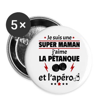 Super maman pétanque et apéro, fête des mères,noël - Lot de 5 petits badges (25 mm) - blanc - Devant