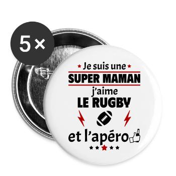 Super maman rugby et apéro, fête des mères, noël - Lot de 5 petits badges (25 mm) - blanc - Devant