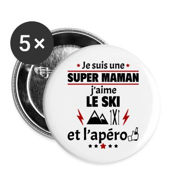 Super maman ski et apéro, fête des mères, noël - Lot de 5 petits badges (25 mm) - blanc - Devant
