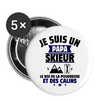 Papa skieur, cadeau fête des pères,Ski,Montagne - Lot de 5 petits badges (25 mm) - blanc - Devant