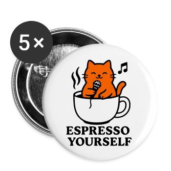 Red cat, espresso cup, coffee, singing, express - Buttons small 1''/25 mm (5-pack) - white - Front