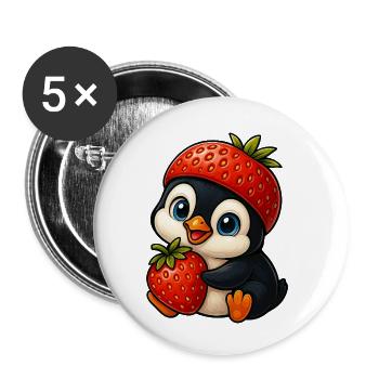 Lustiger Pinguin mit Erdbeere im Hut Fruchtig - Buttons klein 25 mm (5er Pack) - Weiß - Vorne