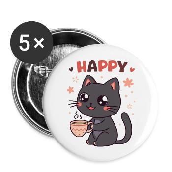 Glückliche und süße Kaffeekatze - Buttons klein 25 mm (5er Pack) - Weiß - Vorne