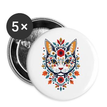 Flower cat in folk style - Buttons small 1''/25 mm (5-pack) - white - Front