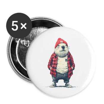 Castor en veste à carreaux rouges - Lot de 5 petits badges (25 mm) - blanc - Devant