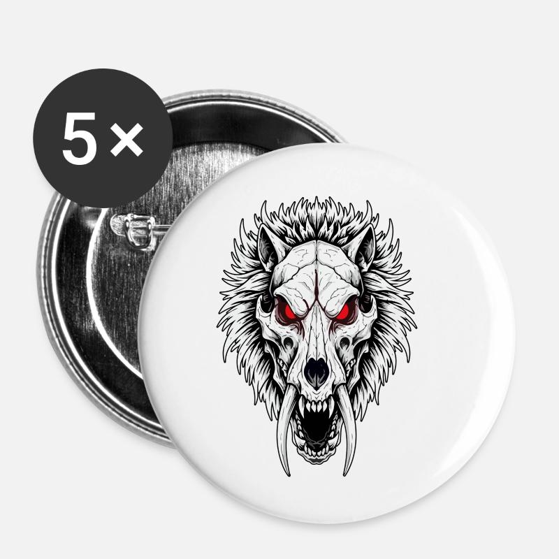 Crâne de Loup Sabertooth Chamanique Yeux Rouges - Lot de 5 petits badges (25 mm) - blanc
