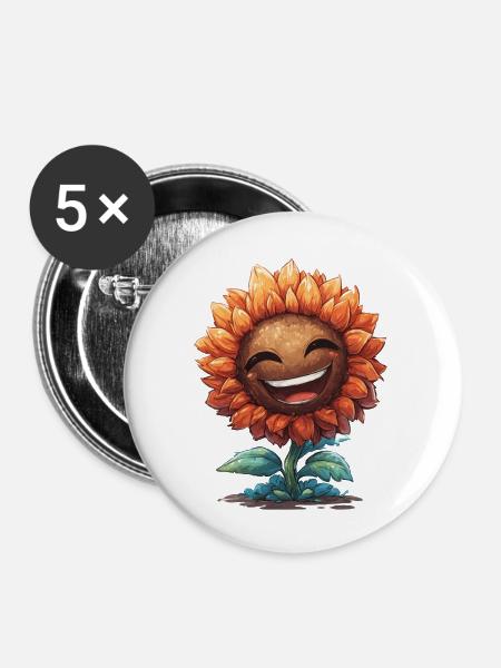 Lächelnder Sonnenblumen Gruß - Buttons klein 25 mm (5er Pack) - Weiß