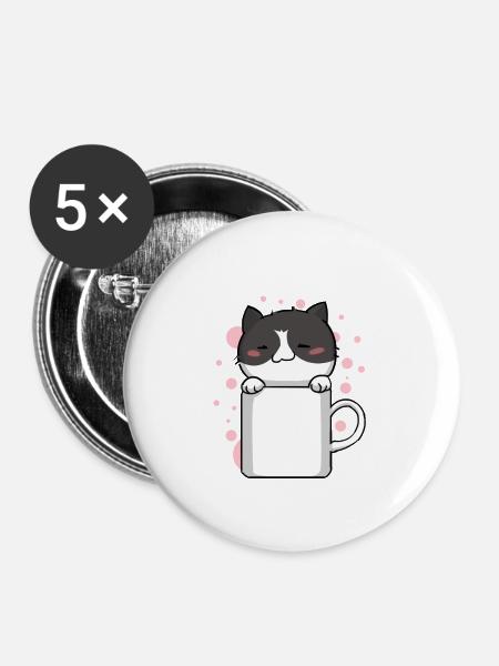 Katze Miezekatze Kaffe Kawaii Niedlich - Buttons klein 25 mm (5er Pack) - Weiß