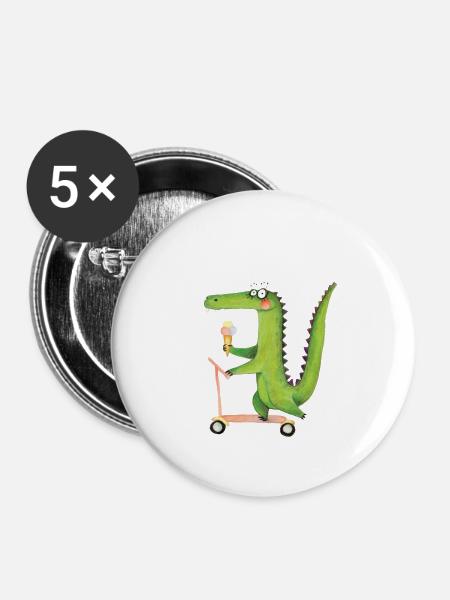 Krokodil auf Roller - Buttons klein 25 mm (5er Pack) - Weiß