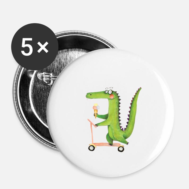 Crocodile sur trotinette - Lot de 5 petits badges (25 mm) - blanc
