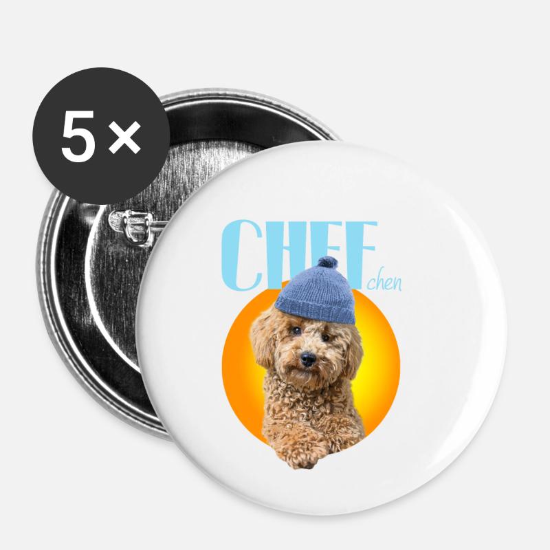 Caniche avec bonnet caniche « Chef » - Lot de 5 petits badges (25 mm) - blanc