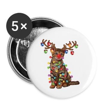 Chat jouet de Noël au chapeau de Père Noël et lumières de Noël - Lot de 5 petits badges (25 mm) - blanc - Devant