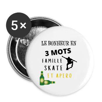 Bonheur ne 3 mots famille skate apéro - Lot de 5 petits badges (25 mm) - blanc - Devant