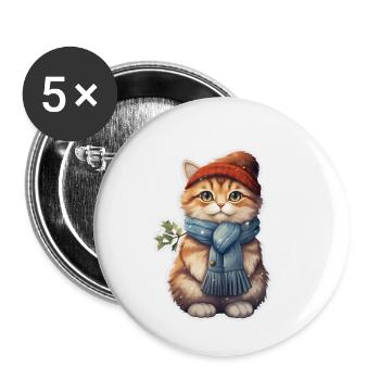 Chat en hiver avec bonnet et écharpe - Lot de 5 petits badges (25 mm) - blanc - Devant
