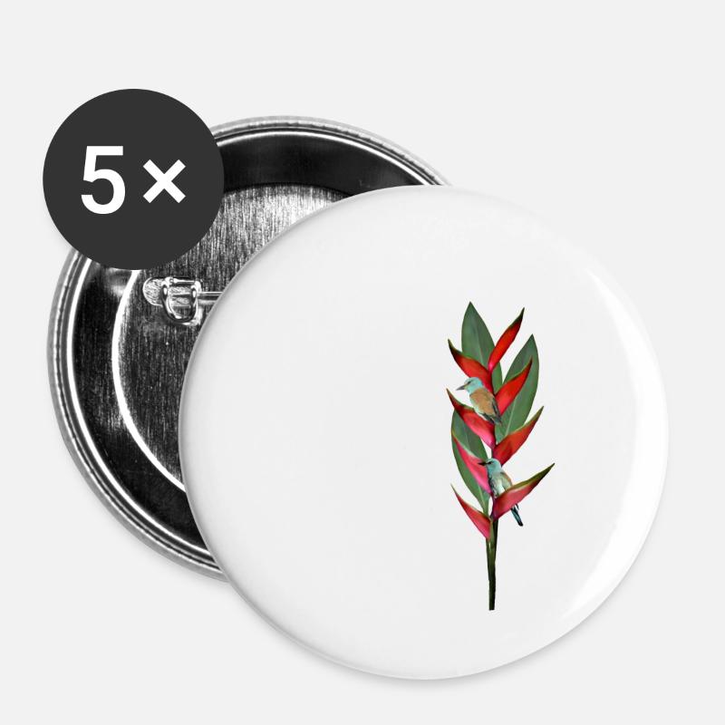 Helconia Rollier européen - fleurs tropicales et oiseaux - Lot de 5 petits badges (25 mm) - blanc