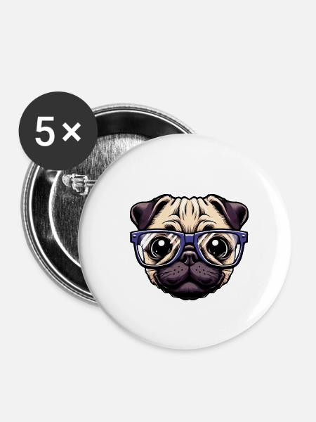 Nerdiger Mops mit Brille - Buttons klein 25 mm (5er Pack) - Weiß