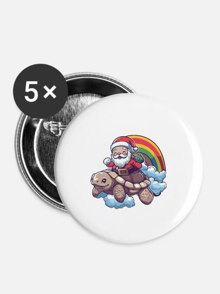Schildkröte Weihnachtsmann Regenbogen - Buttons klein 25 mm (5er Pack) - Weiß