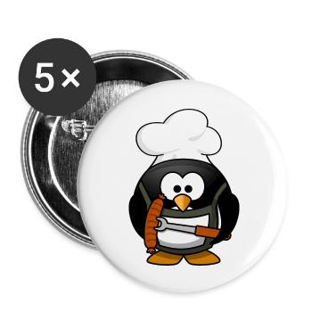 Cuisson du pingouin avec des saucisses grillées - Lot de 5 petits badges (25 mm) - blanc - Devant