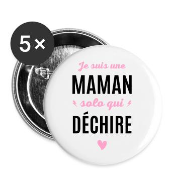 Maman solo qui déchire humour cadeau maman - Lot de 5 petits badges (25 mm) - blanc - Devant