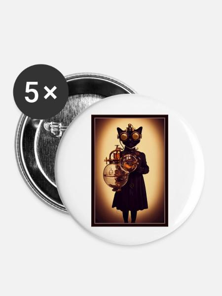 Steampunk-Katze - Buttons klein 25 mm (5er Pack) - Weiß