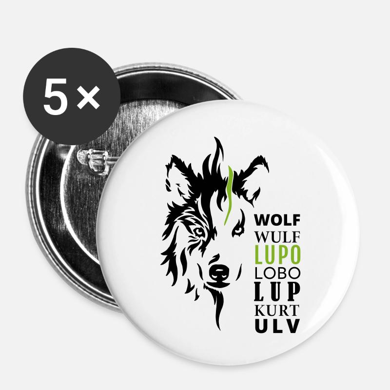 GOWILD Wolfmotiv - mit 7 Sprachen - Buttons klein 25 mm (5er Pack) - Weiß