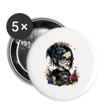 Cartoon Little Girl with Glasses - Buttons small 1''/25 mm (5-pack) - white - Front