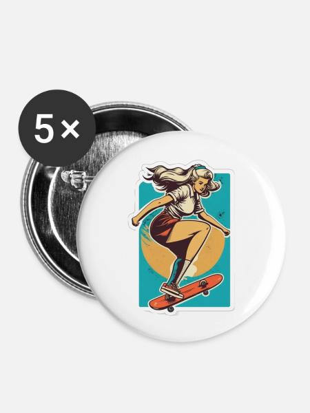 Skater-Mädchen - Buttons klein 25 mm (5er Pack) - Weiß