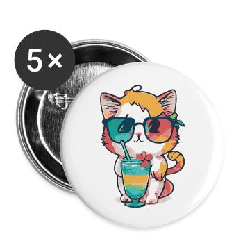 Fancy cat: sunglasses and cocktail - Buttons small 1''/25 mm (5-pack) - white - Front