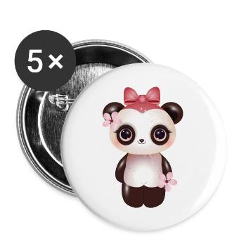 Panda mignon avec nœud rose et fleur de cerisier - Lot de 5 petits badges (25 mm) - blanc - Devant