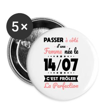 Anniversaire - Née le 14 Juillet Frôler perfection - Lot de 5 petits badges (25 mm) - blanc - Devant