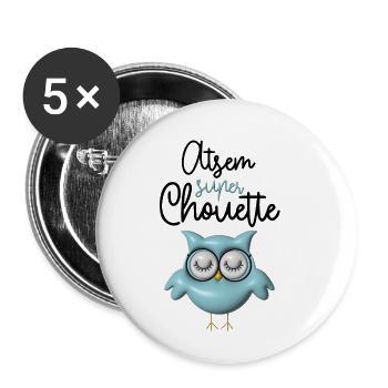 Atsem super chouette bleue 3D - Lot de 5 petits badges (25 mm) - blanc - Devant