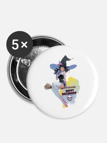 Happy Helloween Witch - Buttons klein 25 mm (5er Pack) - Weiß
