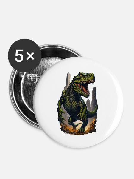 T Rex Dinosaurier - Buttons klein 25 mm (5er Pack) - Weiß
