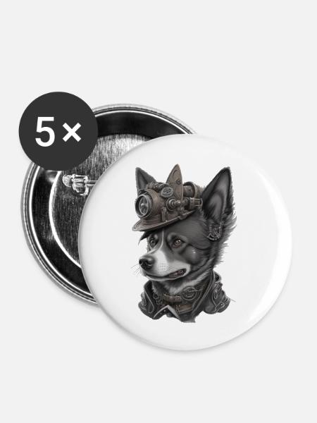 Steampunk Hund - Buttons klein 25 mm (5er Pack) - Weiß