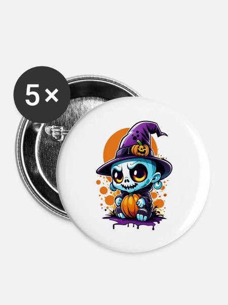 Halloween - Monster mit Hexenhut - Buttons klein 25 mm (5er Pack) - Weiß