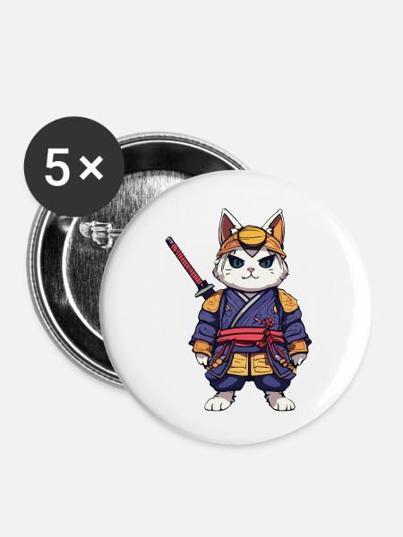 Samurai-Katze #9 - Buttons klein 25 mm (5er Pack) - Weiß