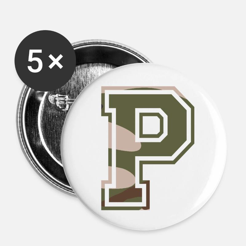 P, Monogram, Camouflage Green-Brown - Buttons small 1''/25 mm (5-pack) - white