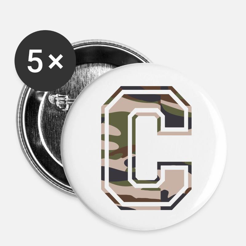 C, monogramme, camouflage vert-brun - Lot de 5 petits badges (25 mm) - blanc