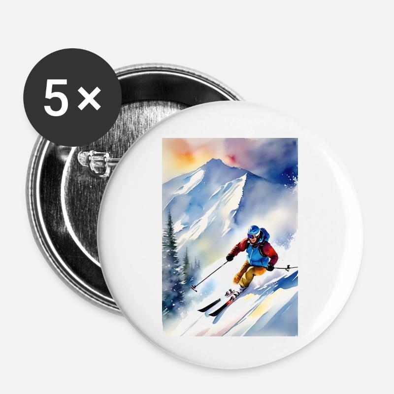 Ski I - Lot de 5 petits badges (25 mm) - blanc
