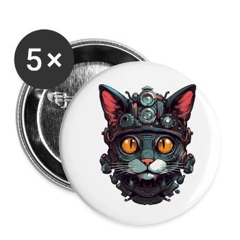 Cat Robot Cyborg Head Portrait Steampunk Cyber - Buttons small 1''/25 mm (5-pack) - white - Front