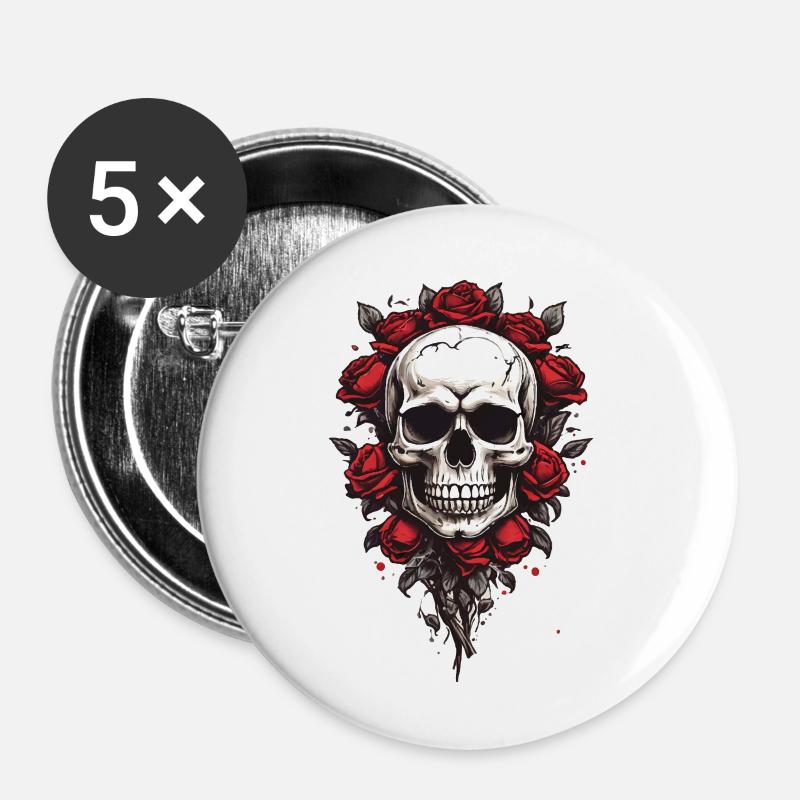 Rosen-Totenkopf im Gothic-Stil - Buttons klein 25 mm (5er Pack) - Weiß