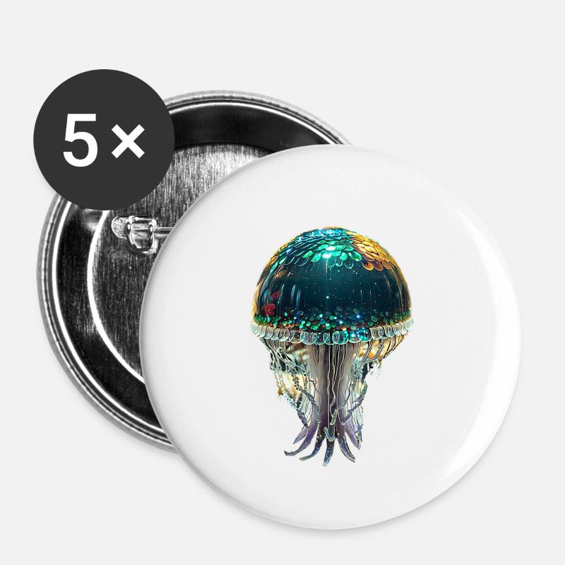 Jellyfish,sequins,glitter,gold,metallic - Buttons small 1''/25 mm (5-pack) - white