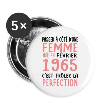 Anniversaire 60 ans - Née en Février 1965 - Lot de 5 petits badges (25 mm) - blanc - Devant