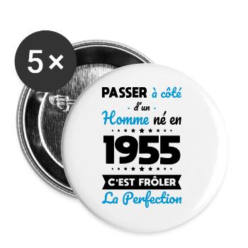 Anniversaire 70 ans - Né en 1955 Frôler perfection - Lot de 5 petits badges (25 mm) - blanc - Devant