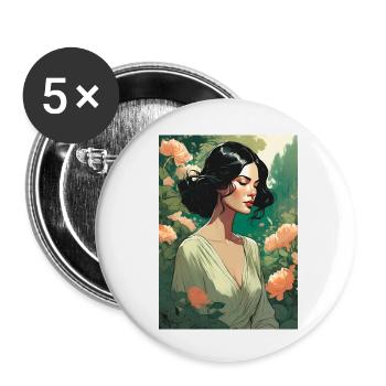 black-haired beautiful woman in flower field gift - Buttons small 1''/25 mm (5-pack) - white - Front