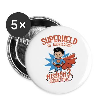Superheld 3. Geburtstag Junge schwarze Haare - Buttons klein 25 mm (5er Pack) - Weiß - Vorne
