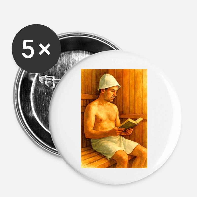 Lecture dans le sauna - Lot de 5 petits badges (25 mm) - blanc