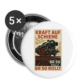 BR 50 Dampflok Kraft auf Schiene Rollt - Buttons klein 25 mm (5er Pack) - Weiß - Vorne