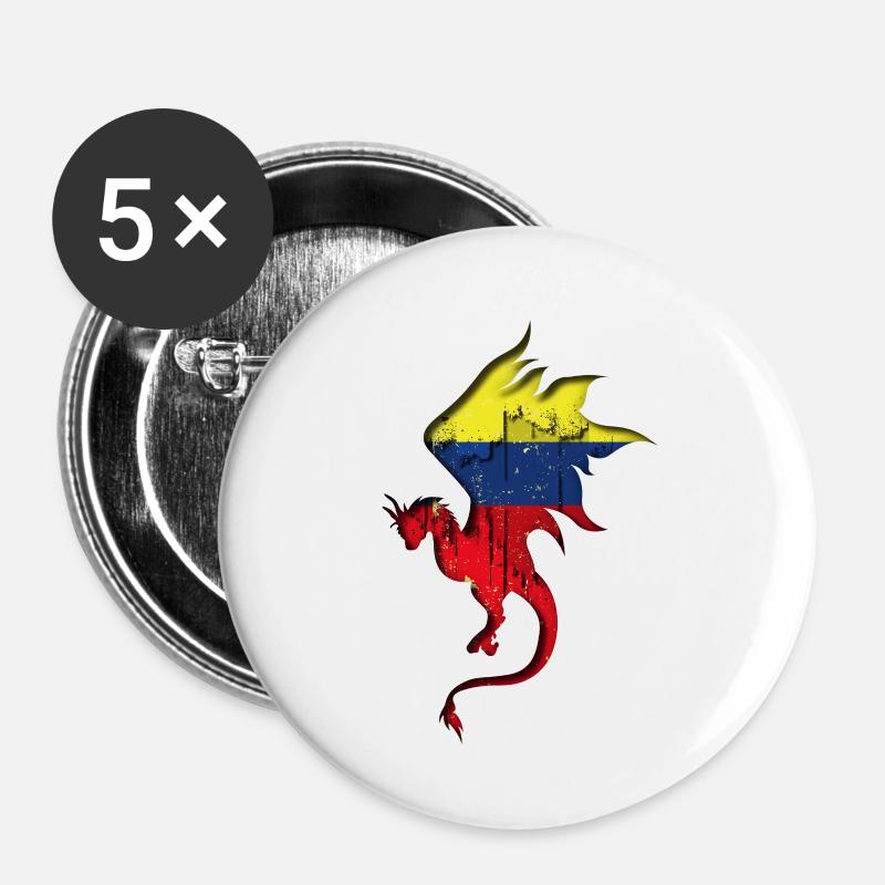 Drapeau de la Colombie - Colombie - Silhouette de dragon - Lot de 5 petits badges (25 mm) - blanc
