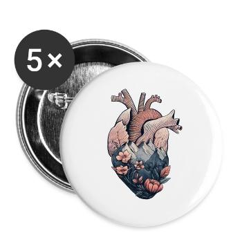 Anatomical heart with mountains and flowers - Buttons small 1''/25 mm (5-pack) - white - Front